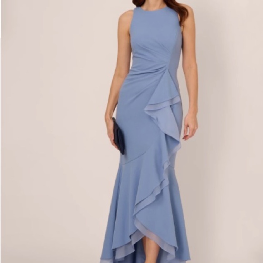 Adrianna Papell High Low Crepe Halter Gown with Organza Draping in French Blue